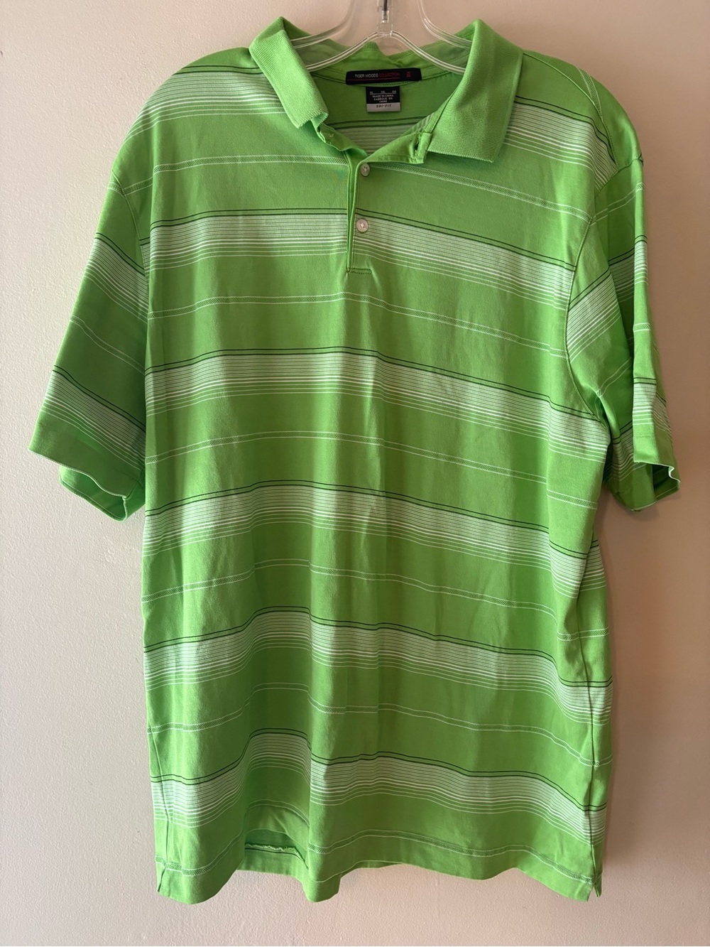 Nike Men’s Bright Green Striped Polo, Tiger Woods, golf Shirt, Sz XL.